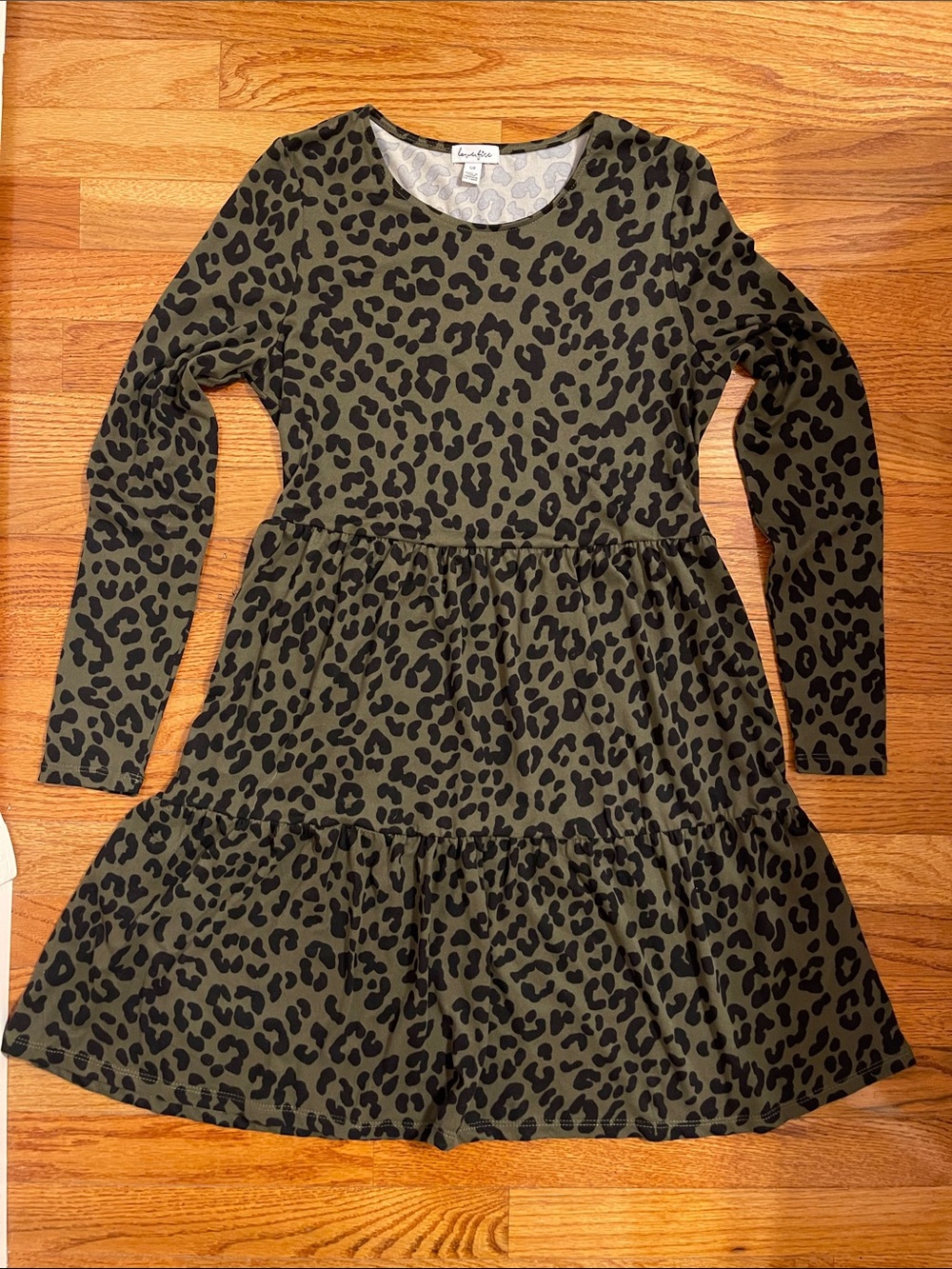 love, Fire Dark Olive Green Leopard-Print Long Sleeve Tiered Dress Sz S